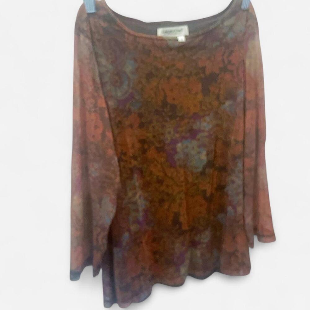 Coldwater creek small Brown and purple floral semi sheer blouse long sleeves